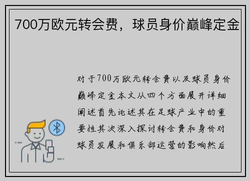 700万欧元转会费，球员身价巅峰定金